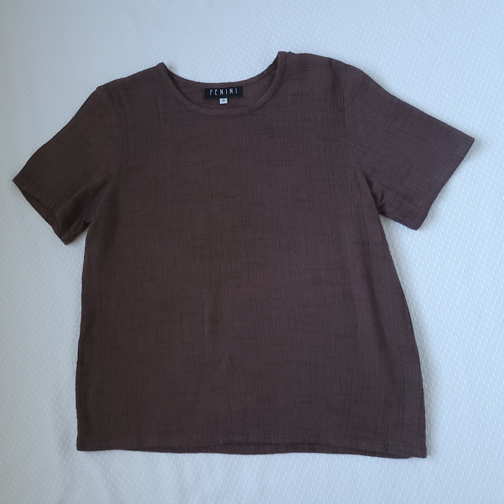 Fenini Chocolate Dark Brown Textured Ribbed Top Womens Small Logenlook Granola